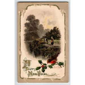 New Year Postcard John Winsch 1912 Farm Country People Song Bird Germany Emboss